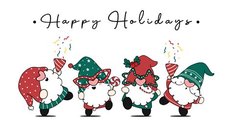 Group of four happy cute Christmas gnomes in party theme, Happy Holidays, cartoon hand drawn ...