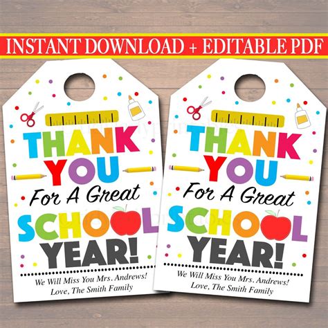 EDITABLE Thank You Tags, Teacher Appreciation Thank You Note, INSTANT DOWNLOAD Printable ...