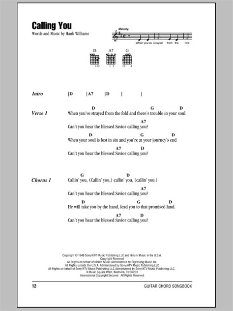 Calling You by Hank Williams Sheet Music for Guitar Chords/Lyrics at Sheet Music Direct