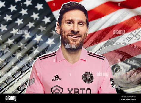 Lionel Messi with the Inter Miami jersey, dollars in cash and the USA flag in the background ...