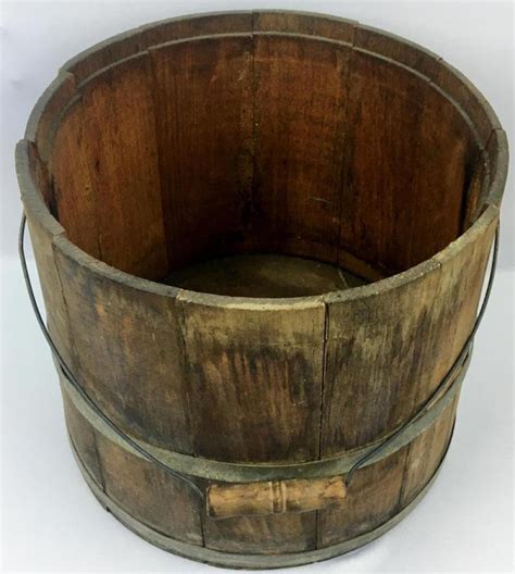 Lot - Large Antique Primitive Wood Water Bucket Stave Pail w/ Wire Bail Handle