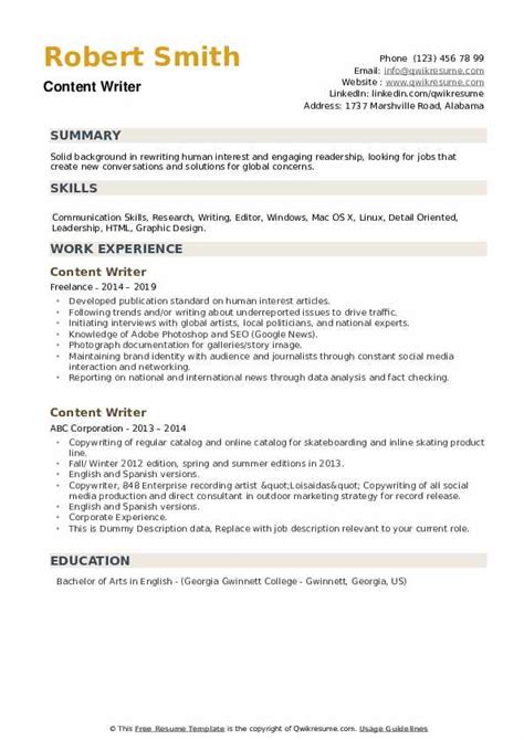 Content Writer Resume Template Free Download