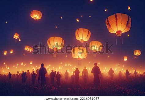 Chinese Lanterns Flying Night Sky Lantern Stock Illustration 2216081037 ...