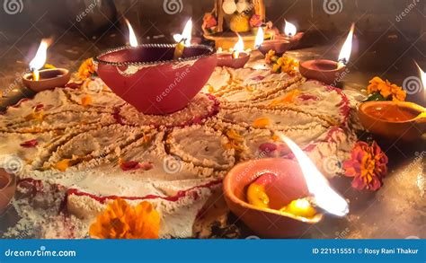 Beautiful Attractive Rangoli Design and Burning Diya Lamp. Diwali Festival Stock Image - Image ...