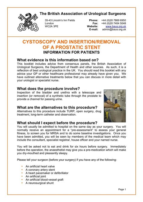 cystoscopy and insertion/removal of a prostatic stent - British ...