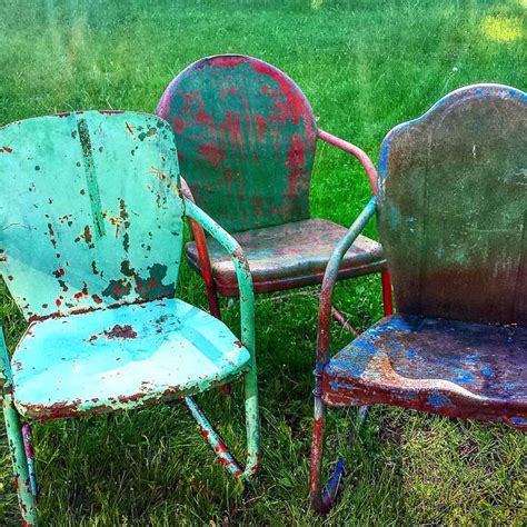 Mid-century vintage metal lawn chair. From the left an unknown a Shott and an Arvin. See history ...