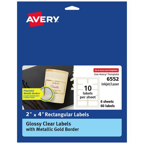 Avery Glossy Clear Labels with Metallic Gold Label Borders, 2" x 4" Rectangle Labels, 60 Total ...