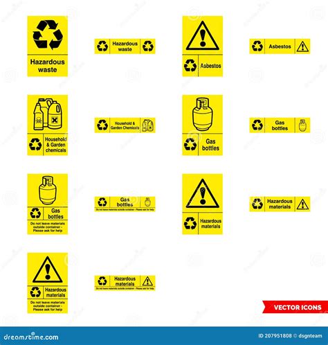 Hazardous Waste Recycling Signs Icon Set of Color Types. Isolated ...