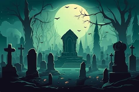 Premium AI Image | Cartoon halloween graveyard cemetery spooky green background