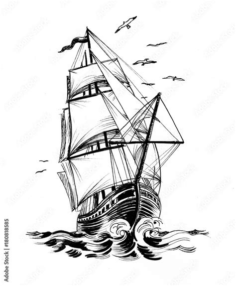 Tall sailing ship in the sea. Ink black and white drawing Stock ...