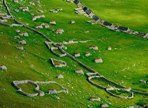 Aerial view of Jarlshof, an archaeological site on the southern tip of the Shetland Islands. The ...