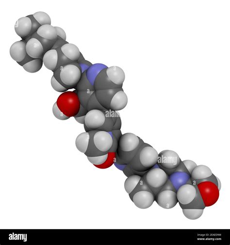 Fenebrutinib drug molecule. 3D rendering. Atoms are represented as spheres with conventional ...