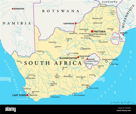 Political map of South Africa with capitals Pretoria, Bloemfontein and ...