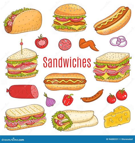 Sandwich Set, Vector Sketch Illustration Stock Vector - Illustration of meal, snack: 96880331