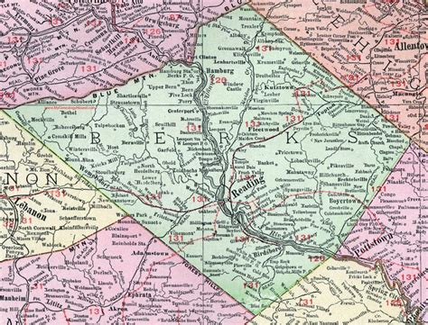 Berks County, Pennsylvania, 1911, Map, Reading, Kutztown, Hamburg ...