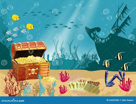 Underwater Scenery with an Open Pirate Treasure Chest Stock Vector - Illustration of corsair ...