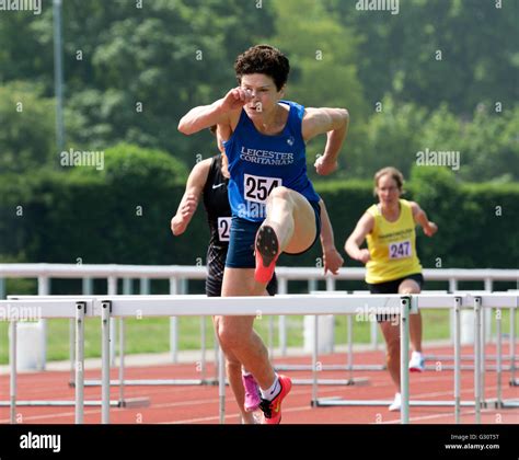 Masters athletics UK. Women`s sprint hurdles Stock Photo - Alamy