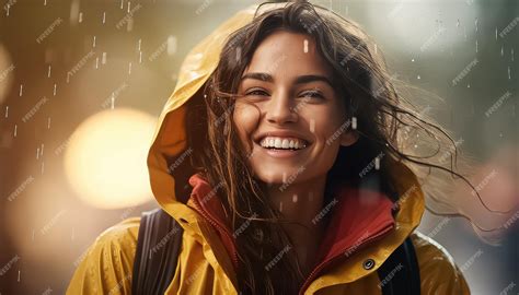 Premium Photo | Woman laughing in the rain in waterproof jacket and hood March 8 World Womens Day