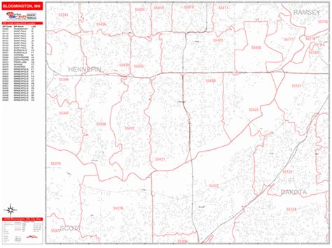 Bloomington Minnesota Zip Code Wall Map (Red Line Style) by MarketMAPS