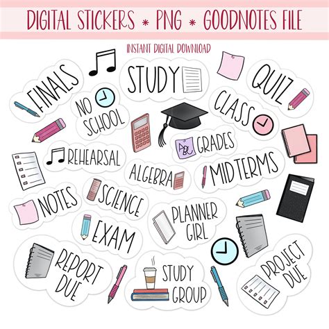 STUDY Digital Stickers for Goodnotes, School Pre-cropped Digital ...