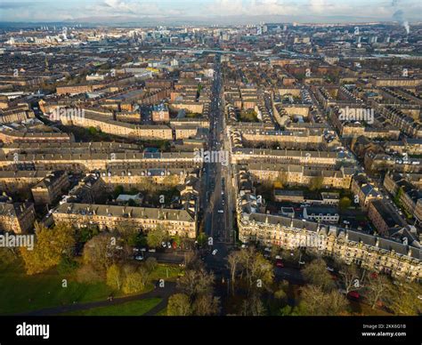 Aerial view from drone of Govanhill neighbourhood in Glasgow south side ...