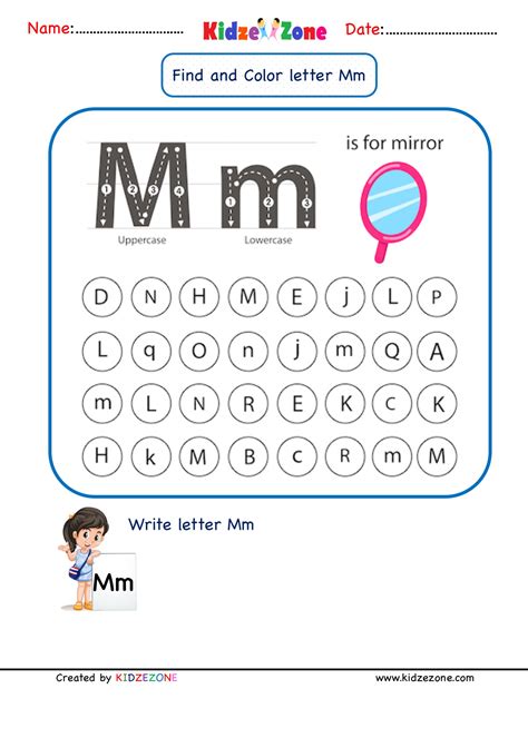 Kindergarten Letter M worksheets - Find and Color - KidzeZone