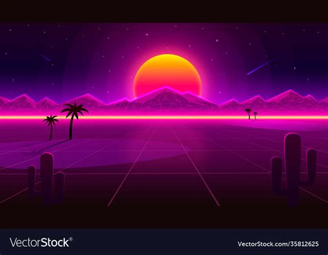 Retro wave desert neon cover with oasis and palm Vector Image