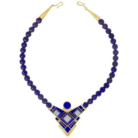 Large and Round Lapis Lazuli Beads and Gold Beads Necklace For Sale at ...