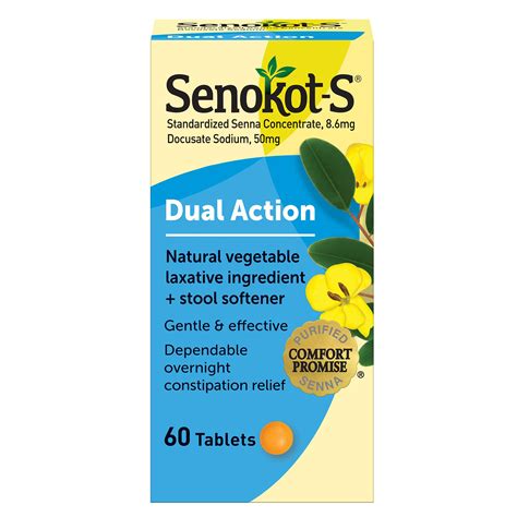 Buy Senokot-S Dual Action 60 s, Natural Vegetable Ingredient Plus Stool Softener s, Gentle ...