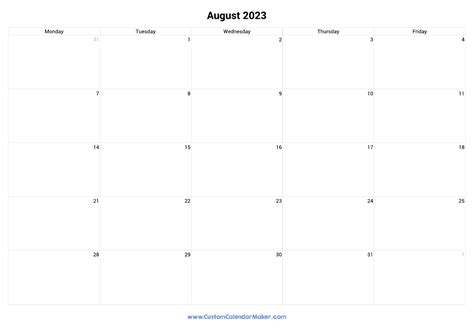 August 2023 Calendar Weekdays Only | Monday to Friday