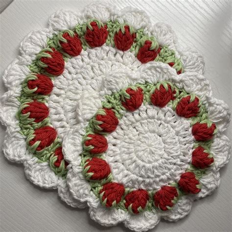 strawberry coaster crochet strawberry coasters (set... - Depop