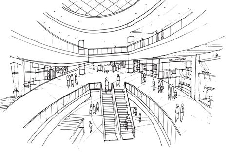 mall sketch drawing,Fashion shops and people walking around.,Modern design,vector,2d ...