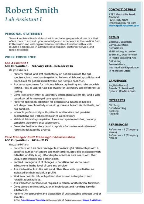 Lab Assistant Resume Sample