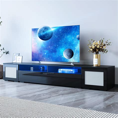 90 Inch TV Stand with LED Lights, LED Boho Entertainment Center with Rattan Door, Modern Low ...