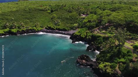 Aerial View, Honokalani Black Sand Beach, Maui, Hana, Pacific Ocean View, Hawaii Stock Video ...