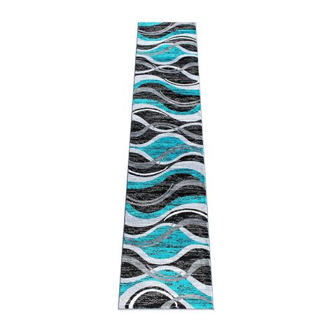 Emma + Oliver Olefin Accent Rug - Modern Abstract Wave Design in Turquoise, Gray, Black & White ...