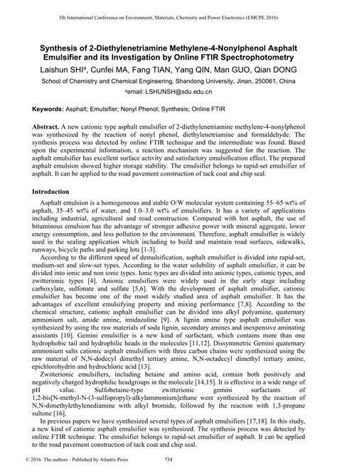 (PDF) Synthesis of 2-Diethylenetriamine Methylene-4-Nonylphenol Asphalt Emulsifier and its ...