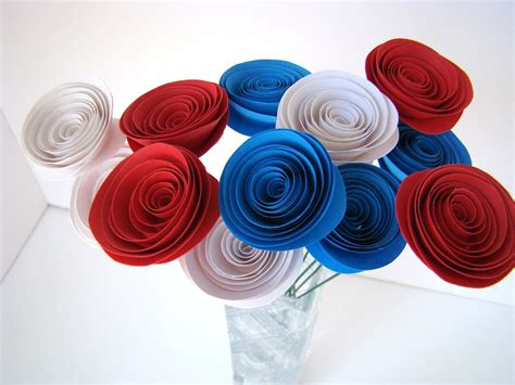 One Dozen Spiral Paper Roses with Stems Red White and Blue