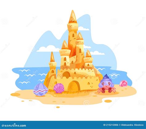 Sand Castle Vector Illustration, Summer Beach Cartoon Clipart Isolated on White, Ocean, Sky ...