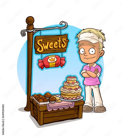 Cartoon sportsman character and sweets candy shop Stock Vector | Adobe Stock