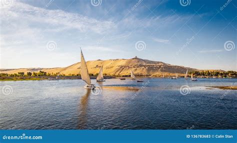 Aswan River Nile Panorama with Felucca Boats at Sunset Stock Image - Image of traditional, nile ...