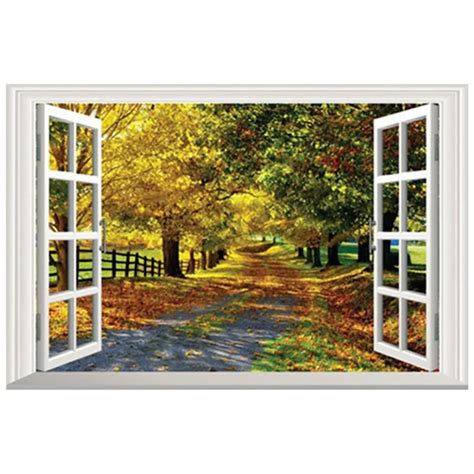 Fake 3d window art mural Autumn country landscape Tree lined Trail wall stickers home decoration ...