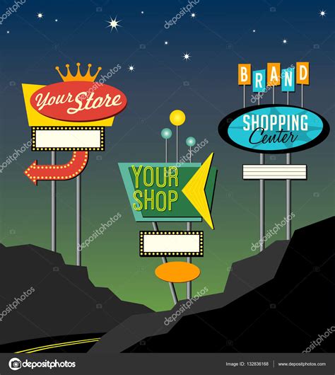 Set of retro lighted roadside signs. Edit for your design. — Stock ...