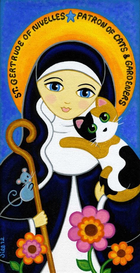 Saint GERTRUDE of Nivelles & CAT Art PRINT from Original | Etsy