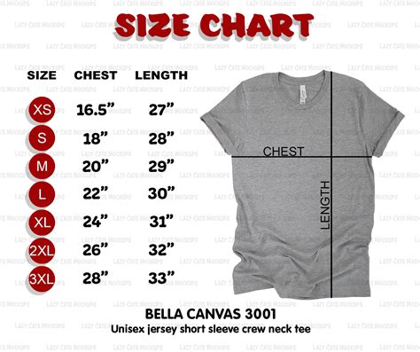 Bella Canvas 3001 Size Chart Instant Download T-shirt Mock | Etsy