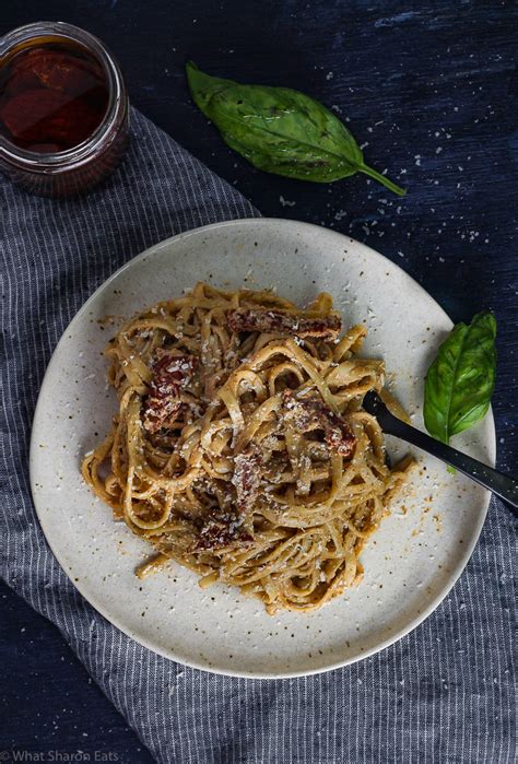 Creamy Pesto Linguine with Sun-Dried Tomatoes - What Sharon Eats