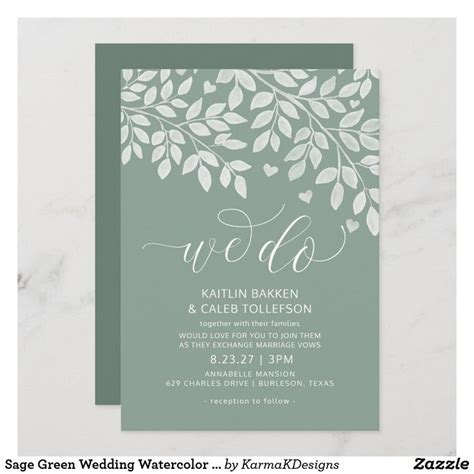 Sage Green Wedding Watercolor Tree Hearts Invitati Invitation | Zazzle | Watercolor wedding ...