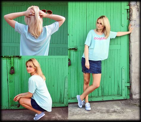 Adriana M. - Mint T Shirt, H&M Navy Blue Skirt, Sneakers - I'm content mint t- shirt :) | LOOKBOOK