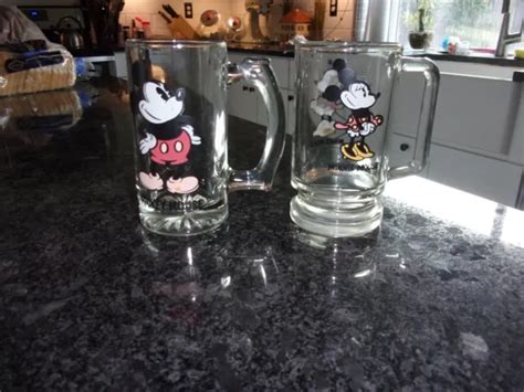 VINTAGE WALT DISNEY Mickey and Minnie Mouse Clear Glass Beer Mug Cup ...