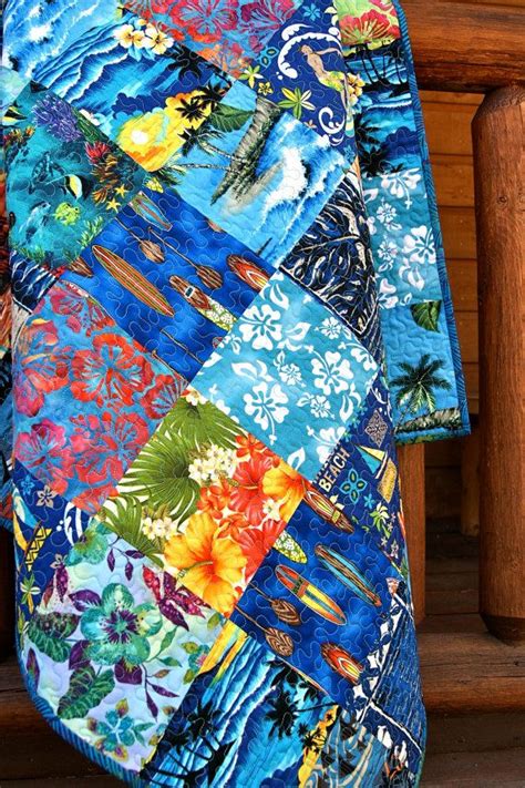 Quilt Baby Nursery Bedding Hawaiian Surfboards Patchwork Squares Fish Tropical Ocean Palm Trees ...